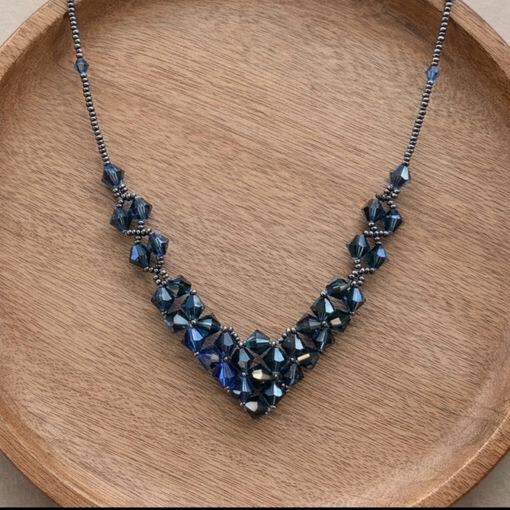 Vintage Artisan Hand Beaded V Necklace Blue Crystal Statement Adjustable